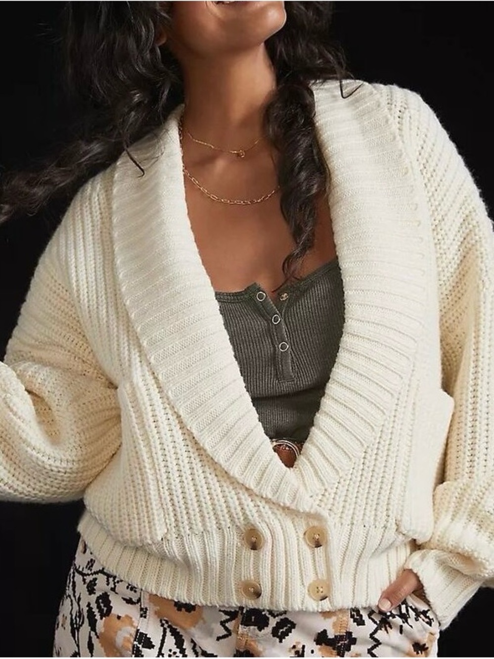 Anthropologie Cream Shawl-Collar Button-Front Women's Sweater